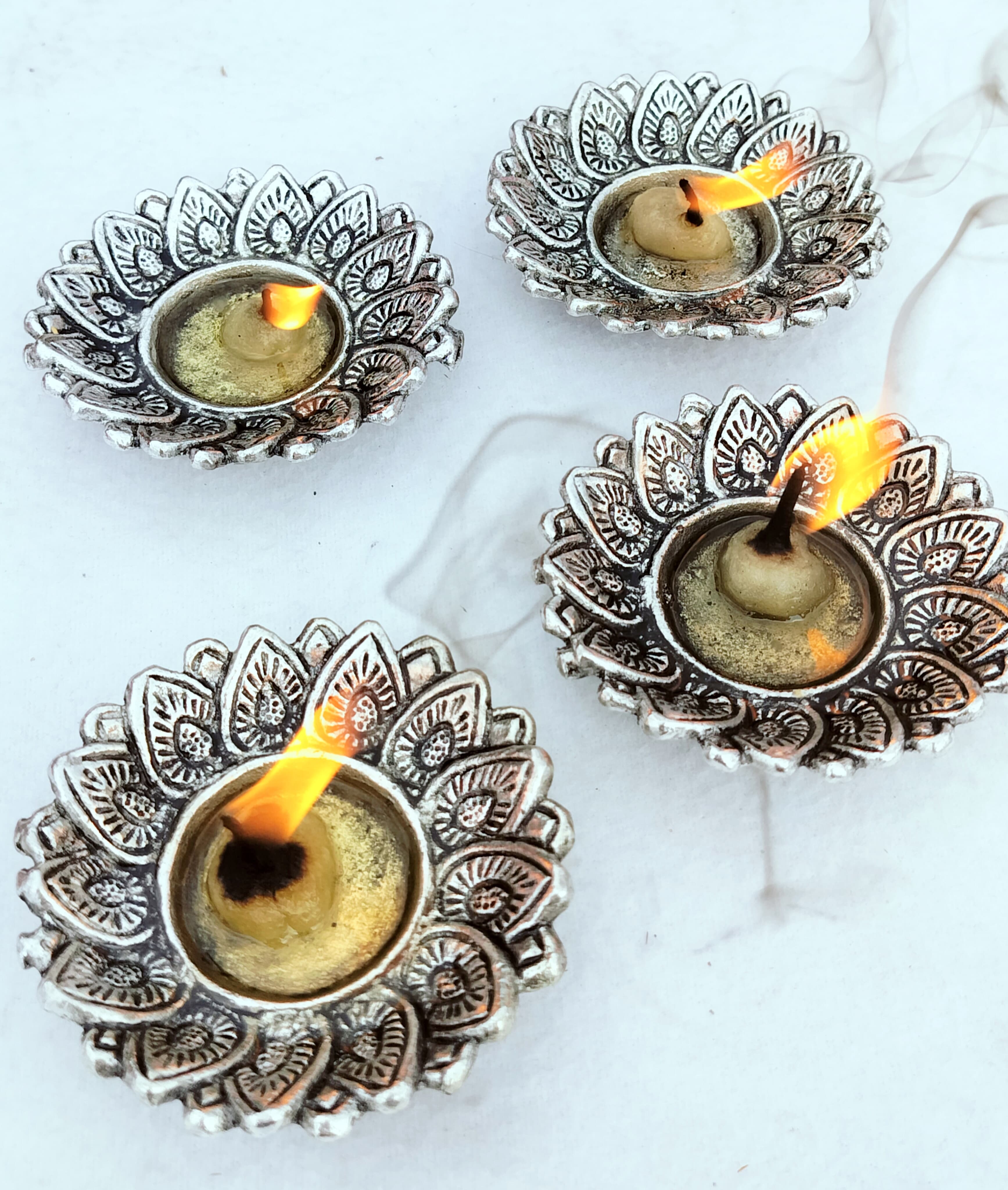 Antique German Silver Sunflower Diya, Set of 21 diyas
